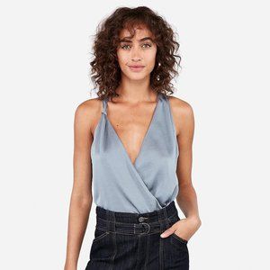 Satin Knotted Shoulder Surplice Thong Bodysuit Dusty Blue V-Neck S - EXPRESS